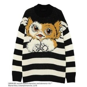 Rare Gremlins Gizmo Striped Knit Sweater Fuzzy Appliqué Black‎ White Unisex